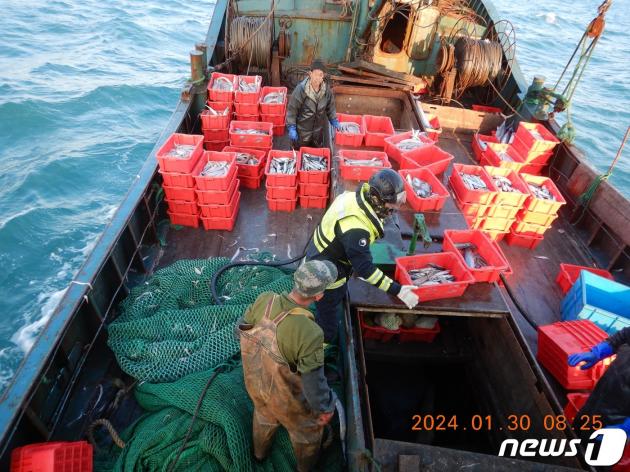 조업일지 미기재 협의로 나포된 중국어선의 어획물을 확인하고 있는 서해어업관리단(해양수산부 제공)